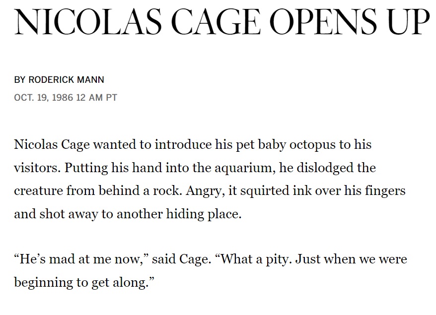 zzzzaaaacccchhh's tweet photo. When I'm struggling with a lede, I revisit this 1986 profile of Nicolas Cage, the greatest lede I've ever seen https://t.co/6yPzQjC4Aq