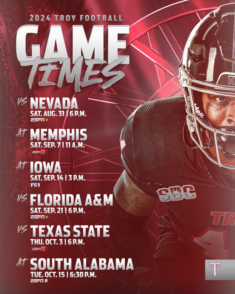 Game times have been set for 6⃣ of our games this fall, including two new nationally televised games. #BattleReady | #OneTROY ⚔️🏈