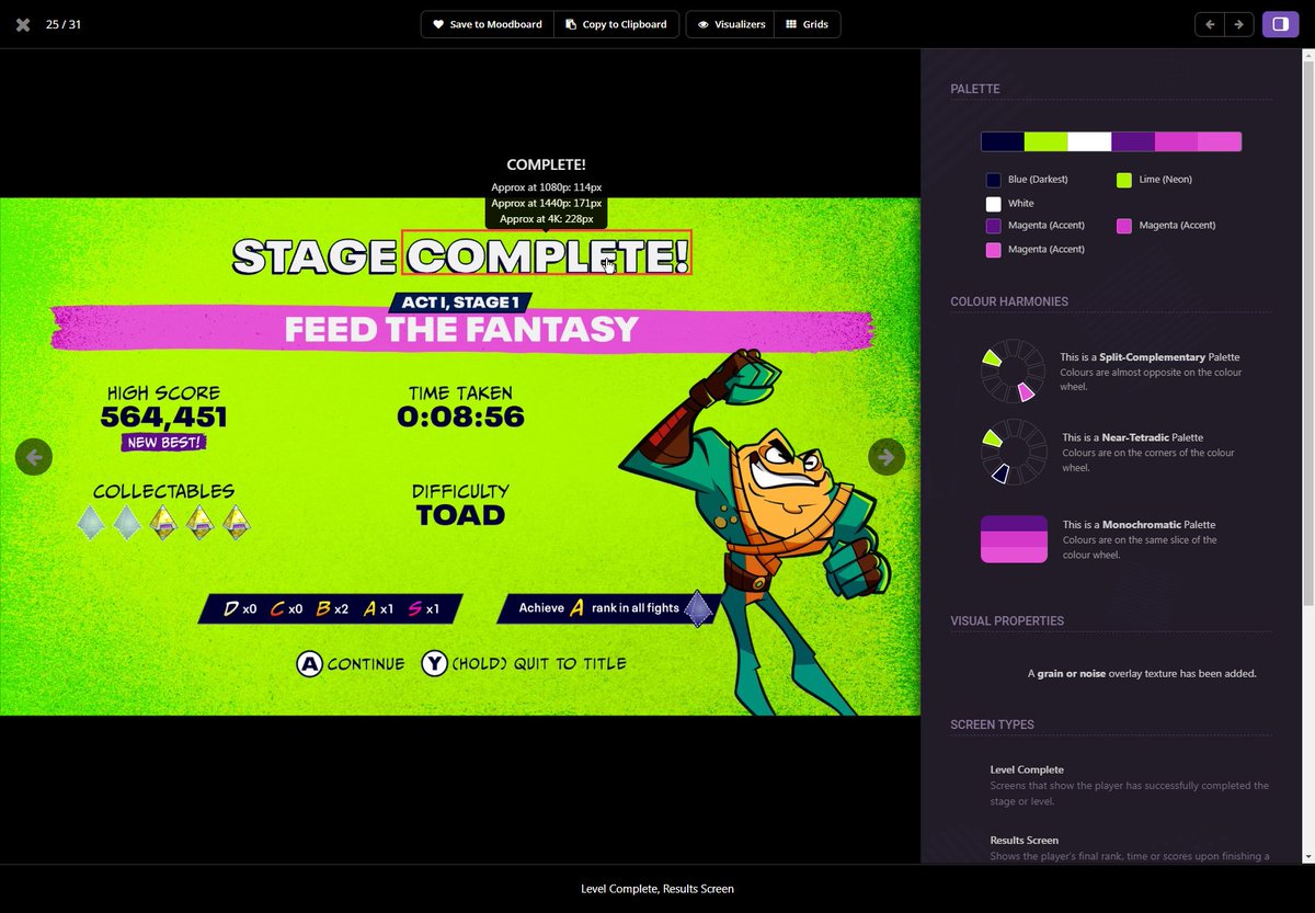EddCoates's tweet image. One of my proudest achievements in the upcoming Game UI Database 2.0: the image inspector!
Toggle this sidebar on any image to get a complete readout of its colour palette, harmonies, styles, screen patterns, and HUD elements. You can even hover over words to get font sizes!