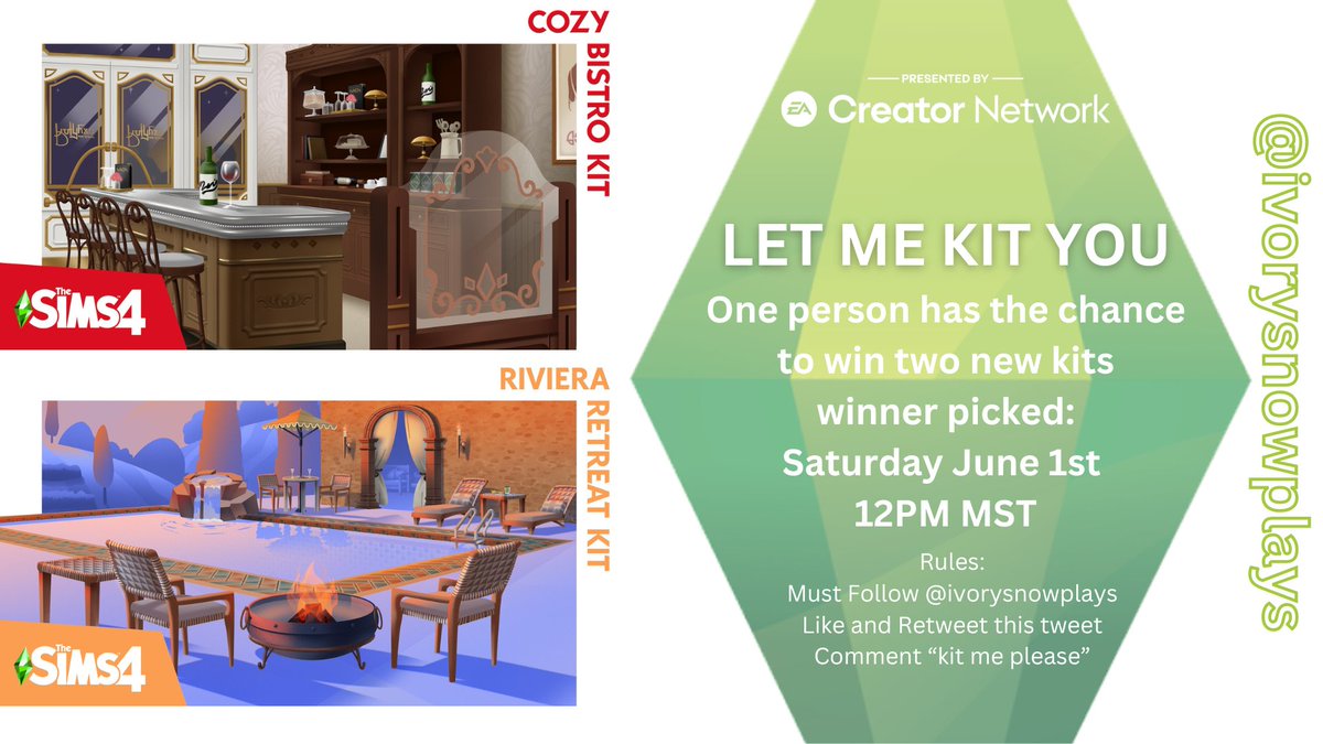 💚#THESIMS4 GIVEAWAY💚
Thanks to #EACreatorNetwork I'm hosting a giveaway for #TheSims4Bistro & #TheSims4RiveraRetreat kits for PC!  

Gotta be quick- winner picked June 1st!
To enter: 
💚follow me 
💚comment 'Kit me please'
💚like and retweet

This is #SponsoredbyEA