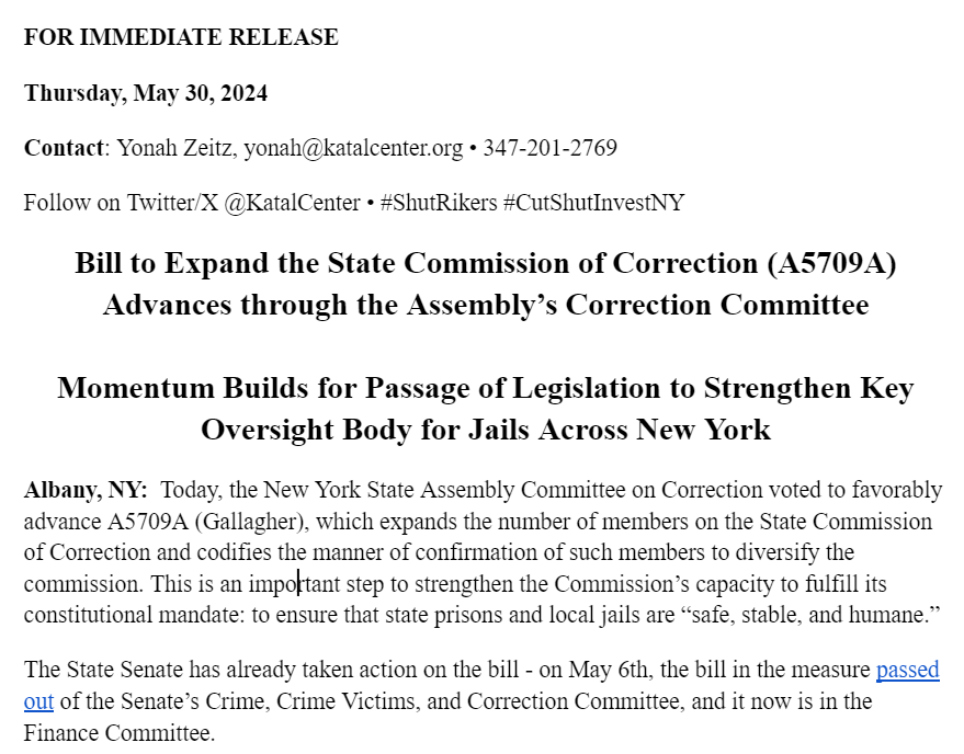 🚨RELEASE: Today, the Assembly Committee on Correction passed A5709A (@EmilyAssembly), which expands the State Commission of Correction and diversifies the appointments to strengthen jail and prison oversight. Check out our full press release here: katalcenter.org/a5709a-advance…