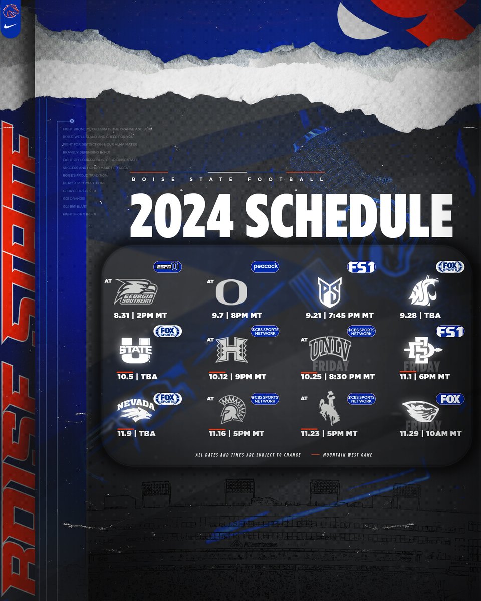 𝙏𝙪𝙣𝙚 𝙄𝙣 𝙛𝙤𝙧 𝙩𝙝𝙚 𝙁𝙪𝙡𝙡 𝙎𝙡𝙖𝙩𝙚 Take a look at Boise State's full 2024 📺 schedule and kickoff times 📰 boi.st/2024FBonTV 🗓️ boi.st/24FBsched #BleedBlue | #BuiltDifferent