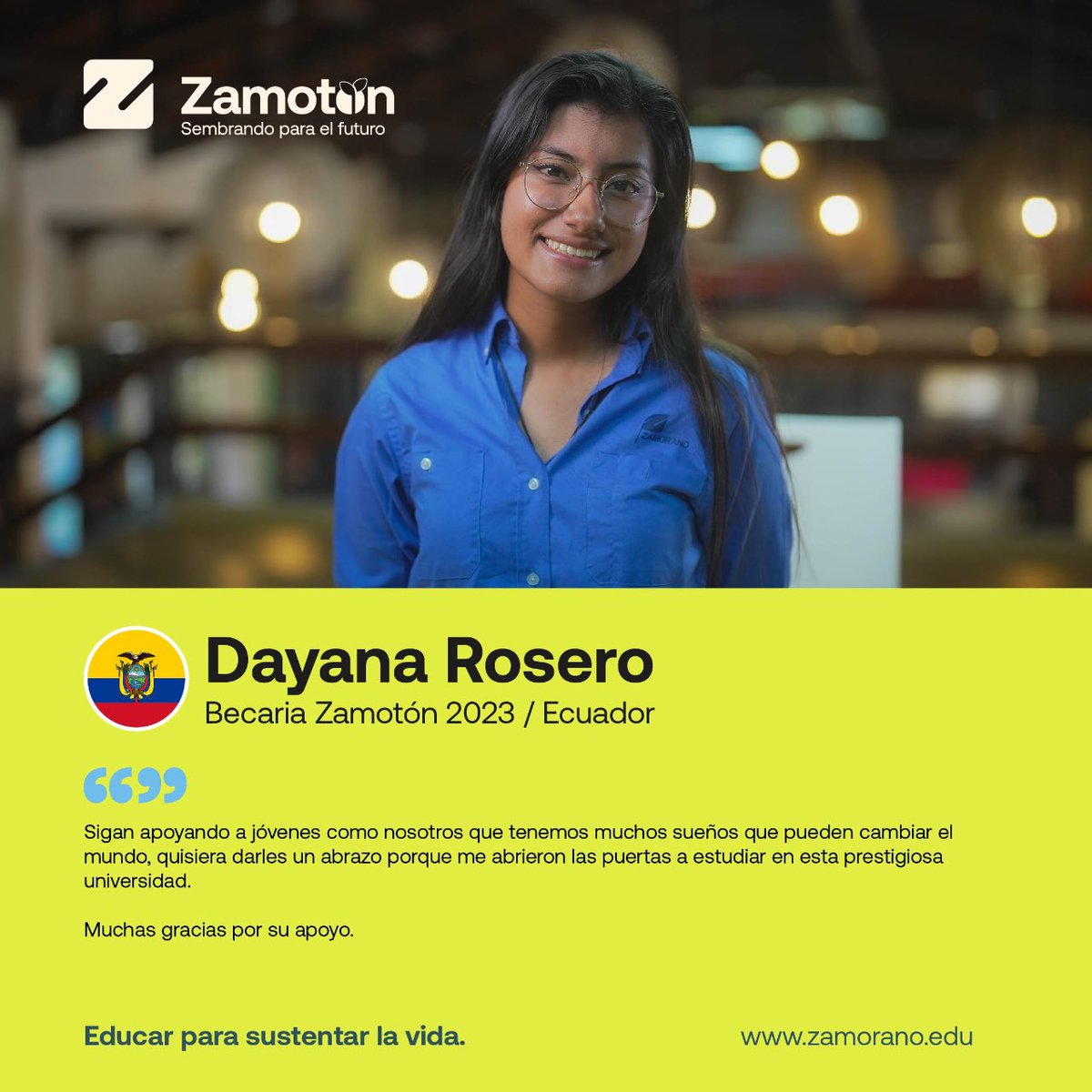 Gracias a la generosidad de personas como tú, Dayana Rosero de #Ecuador está estudiando su carrera en @EAPZamorano Contribuye hoy con nuestro fondo de becas para apoyar el talento que se asegurará que tú y tu familia tengan alimentos sanos en su mesa 👉bit.ly/sowing1Mdreams