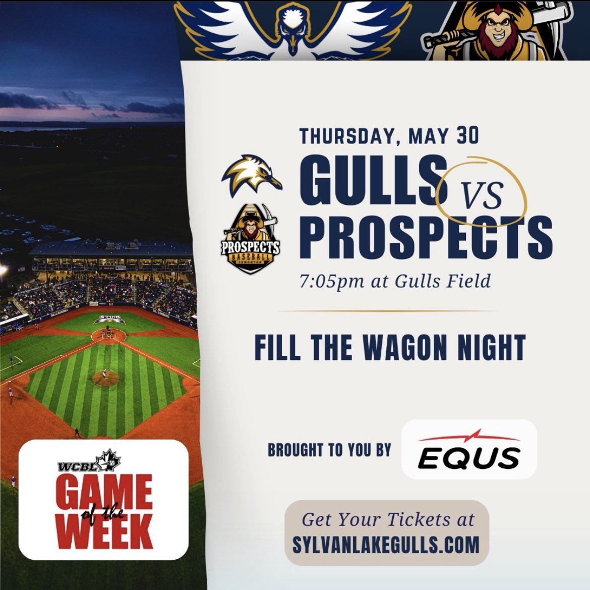 WCBL Game of the Week 👀 🗓️ Thursday, May 30 🆚@EdmProspects 🏟️ Gulls Field ⏰ 7:05pm MST | Doors Open 90mins before 🎟️ bit.ly/43vtKZB | Powered by Vesta 📺 HomeTeamLive.com