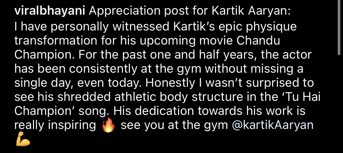 Very rarely a pap that too a senior papparazzi pens down - genuine note. The paps & we have seen EVERYDAY for the last one and a half years - @TheAaryanKartik day in and day out was constantly working out in the gym and always papped! Hats off to #KartikAaryan 💪 #ChanduChampion