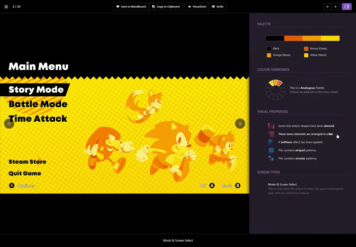 EddCoates's tweet image. One of my proudest achievements in the upcoming Game UI Database 2.0: the image inspector!
Toggle this sidebar on any image to get a complete readout of its colour palette, harmonies, styles, screen patterns, and HUD elements. You can even hover over words to get font sizes!