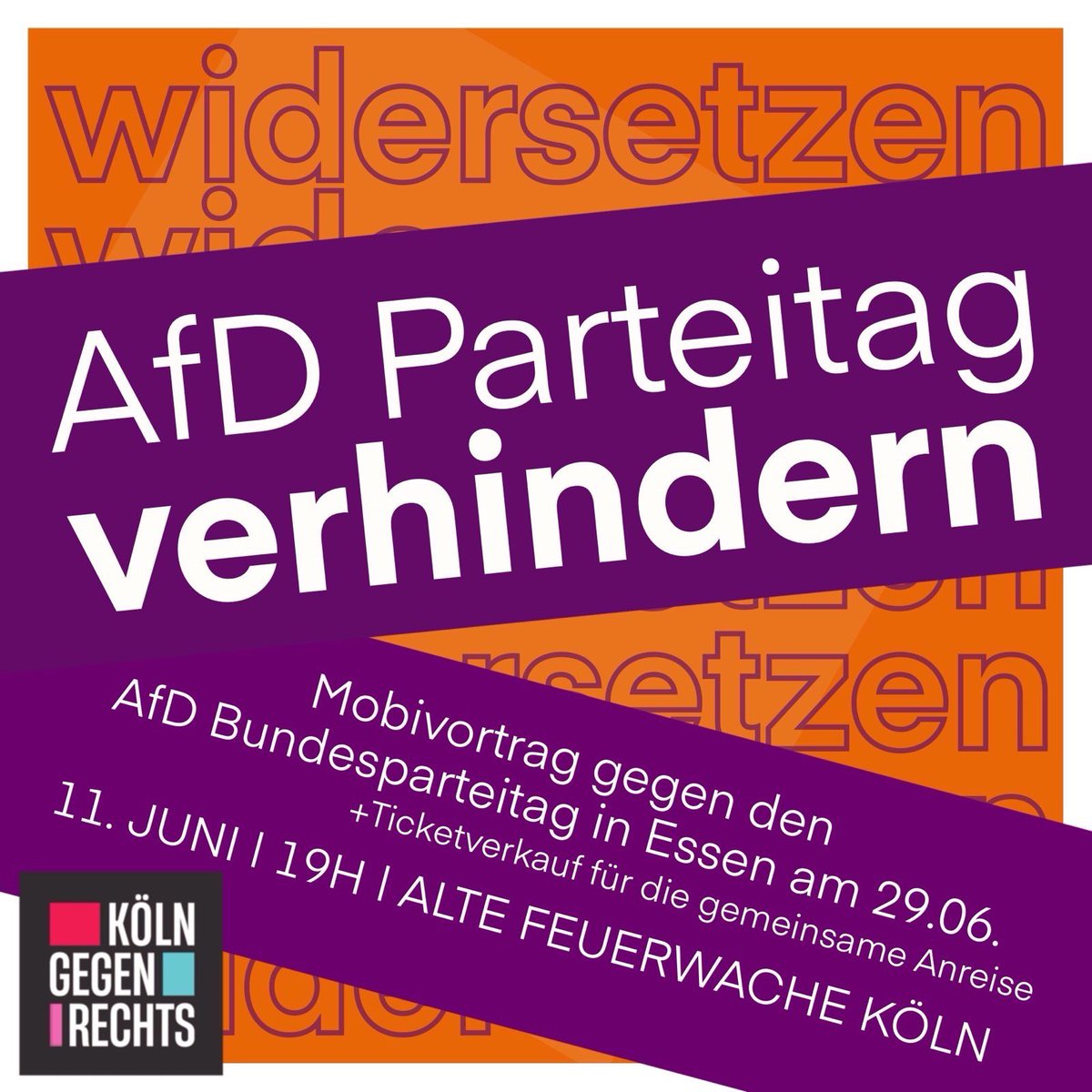 Mobivortrag &amp; Busticket Verkauf gegen den #AfD #Bundesparteitag

Dienstag, 11. Juni | 19 Uhr | Alte Feuerwache | Melchiorstraße 3 50670 #Köln

1/?