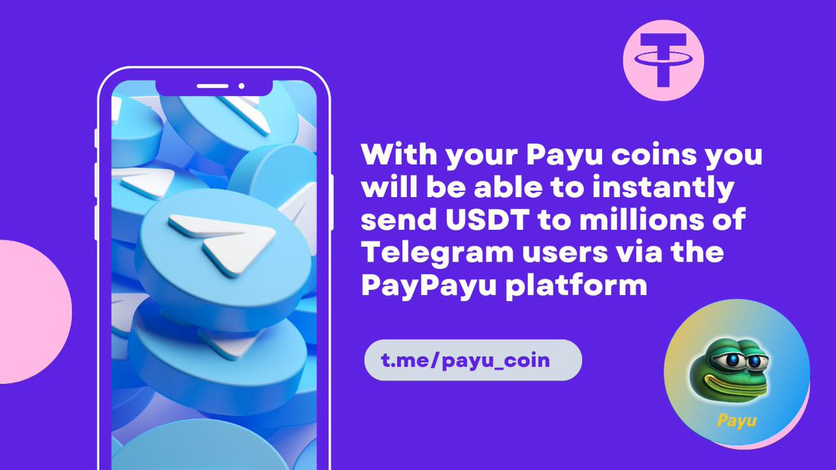 🎉 With your Payu coins you will be able to instantly send USDT to millions of Telegram users via the PayPayu platform 💸 t.me/payu_coin The integration will be completed soon ⏳ In addition, with the legal permissions obtained from many countries, you will soon be