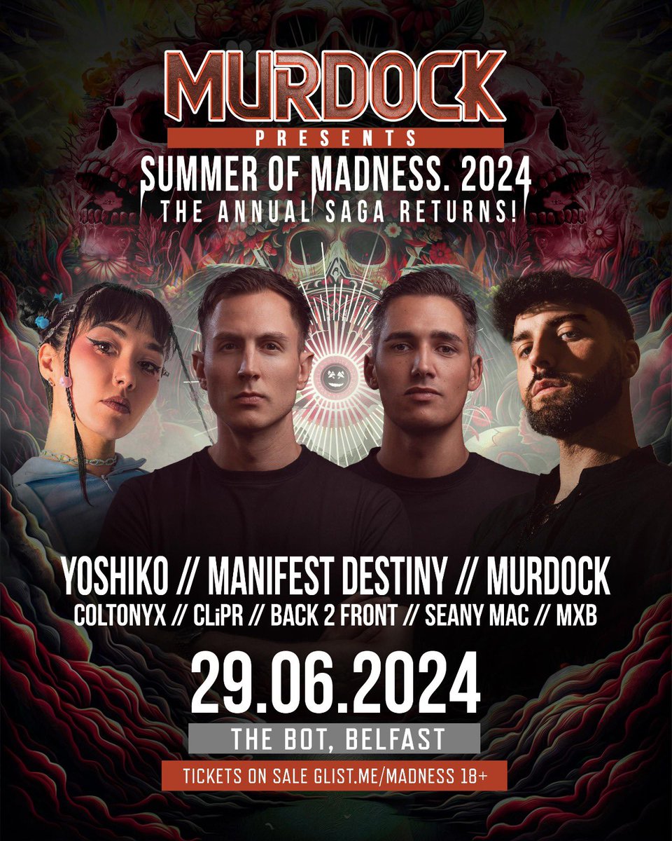 Murdockni's tweet photo. MURDOCK - SUMMER OF MADNESS. 2024!

YOSHIKO - MANIFEST DESTINY - MURDOCK
COLTONYX - CLiPR - BACK2FRONT - SEANY MAC - MXB! 💀

HARD. FAST. EXTREME! 🔇

THE ANNUAL SAGA RETURNS! ☀️

#techno #hardstyle #uptempo #belfast https://t.co/c23V7F17BY