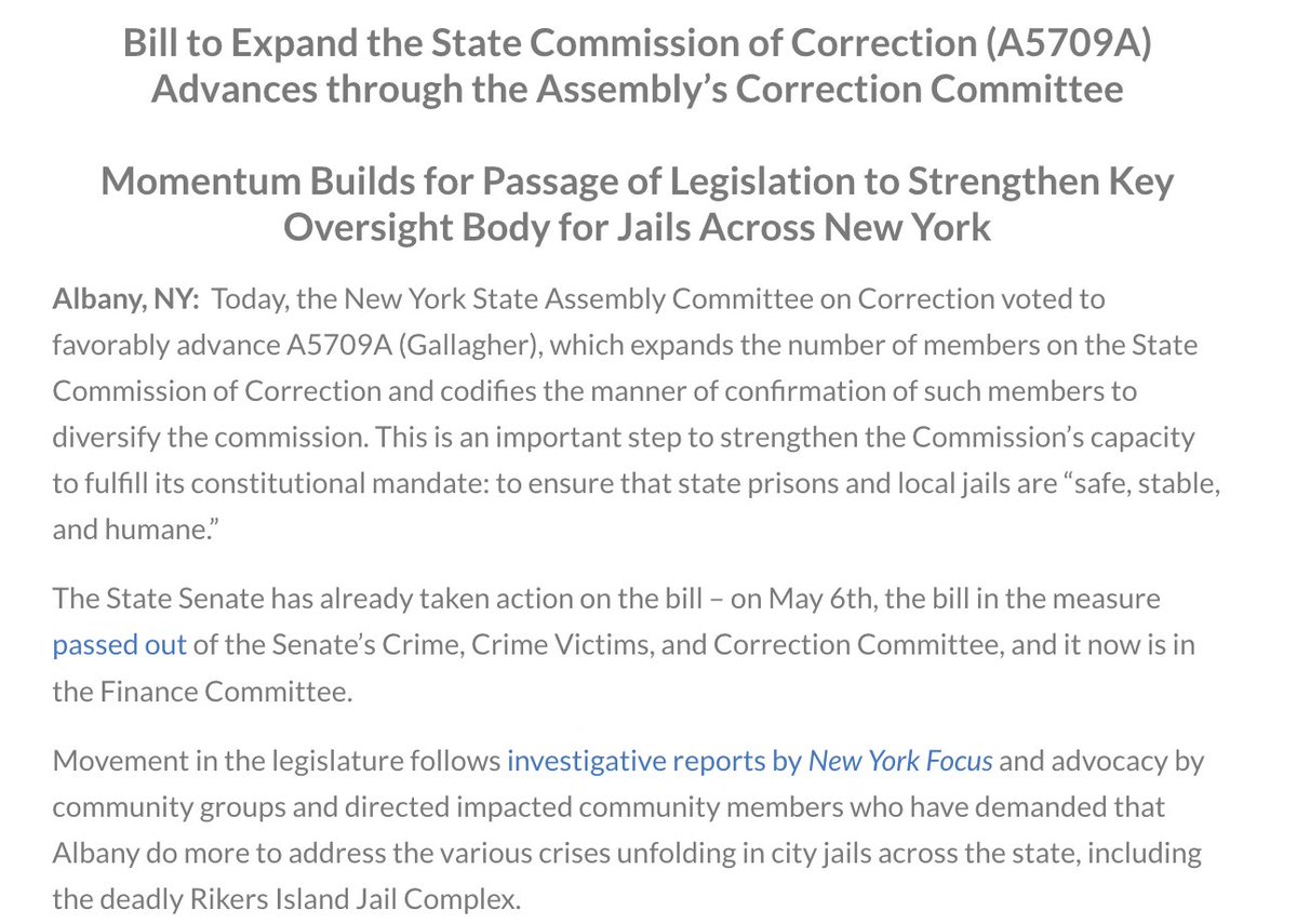 NEW: My bill w/ @SalazarSenate to overhaul the NYS Commission of Correction, bring greater oversight of prisons/jails and ensure basic standards just passed the Assembly Correction Cmte. My thanks to Chair Dilan + @CarlHeastie. More via @katalcenter: katalcenter.org/a5709a-advance…