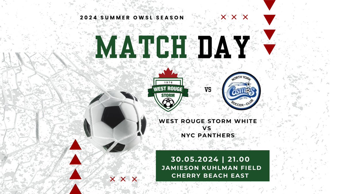 westrougesoccer's tweet photo. "Get ready for a thrilling showdown tonight as our West Rouge Storm White team takes on the NYC Panthers! ⚡️🔥 Don't miss the action and excitement. #soccer #scarborough #girlssoccer #gamenight #summer #summersoccer https://t.co/wYoYPFscf7