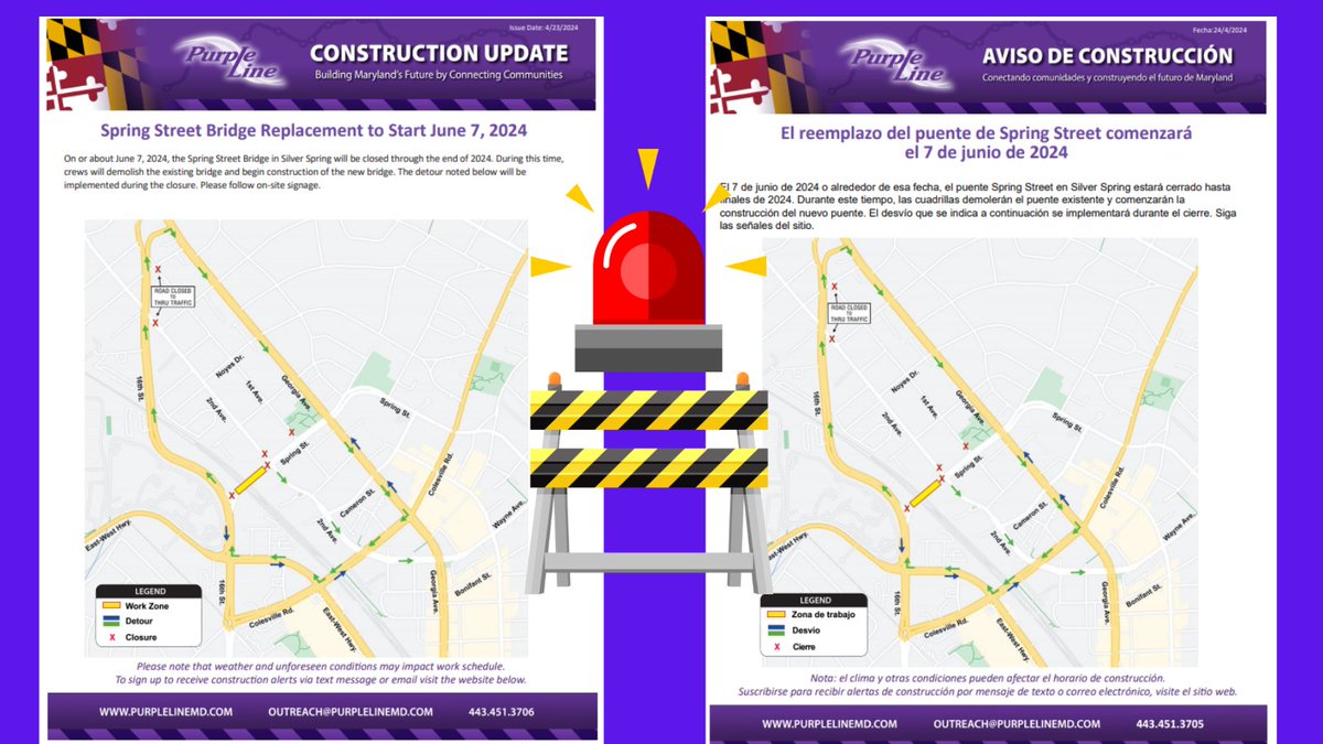 🟣NEW🟣
On or about Friday, June 7, 2024, @PurpleLineMD crews will close the Spring Street Bridge in #SilverSpringMD. The closure will be in place until the end of 2024. Maps🗺️of the detours can be found here➡️🔗tinyurl.com/ye24pwh8 #MDTraffic #MDRoads @WTOPtraffic #MDCommuter