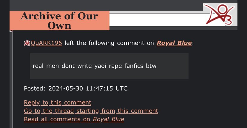 ThrasherScourge's tweet photo. As if she couldn’t stop at twitter and discord— Krack also keeps stalking my fics and leaving beautiful gems of comments like these for me (the one on royal blue is from today, hours after we updated— do you have my notifs on, babe?) https://t.co/v1ACUGfRm2