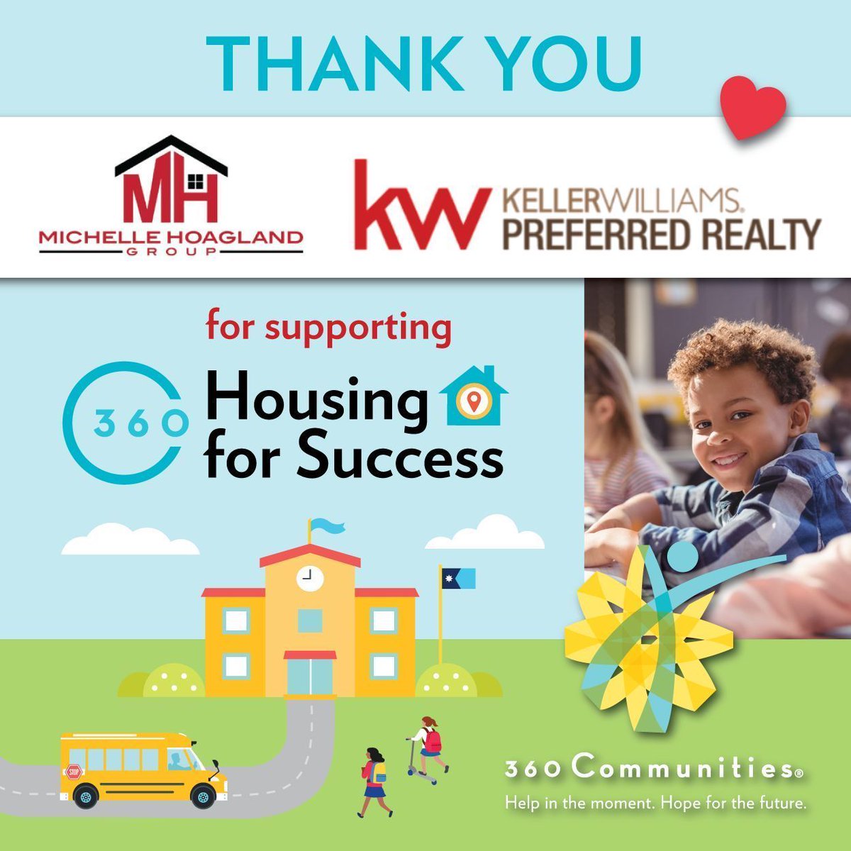 Thank you to Michelle Hoagland Group of KellerWilliams Preferred Realty who dropped off three welcome home baskets for our Housing for Success program! ❤️ At 360 Communities, we help eligible families take steps to overcome barriers to housing. #HelpInTheMoment #HopeForTheFuture