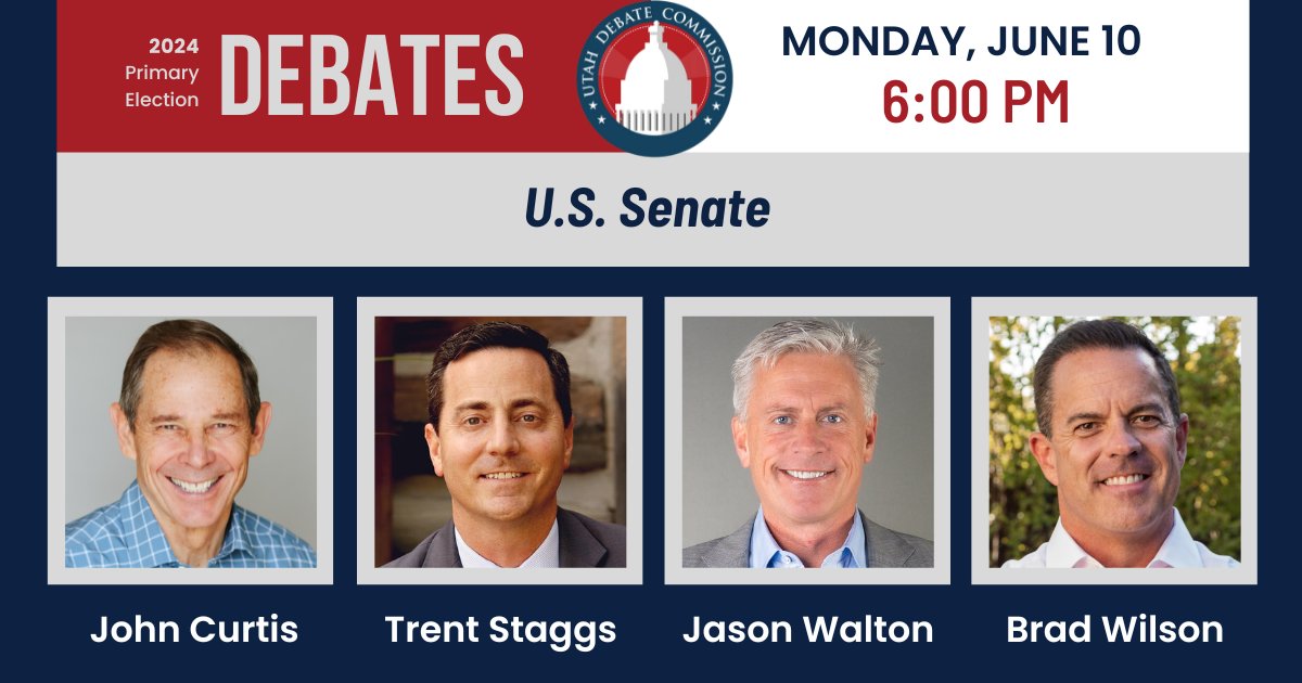 UtahDebateCom's tweet photo. Utah voters, what issues are you concerned about? 

🇺🇸The Republican primary debate for U.S. Senate will be on Mon. 6/10 at 6 PM. 🇺🇸    

Submit questions here: https://t.co/KLqHWbeGbz

Tune in soon for the debate with @CurtisUT, @MayorStaggs, @waltonforsenate, and @BradWilsonUT https://t.co/Y6Zkr8sICC