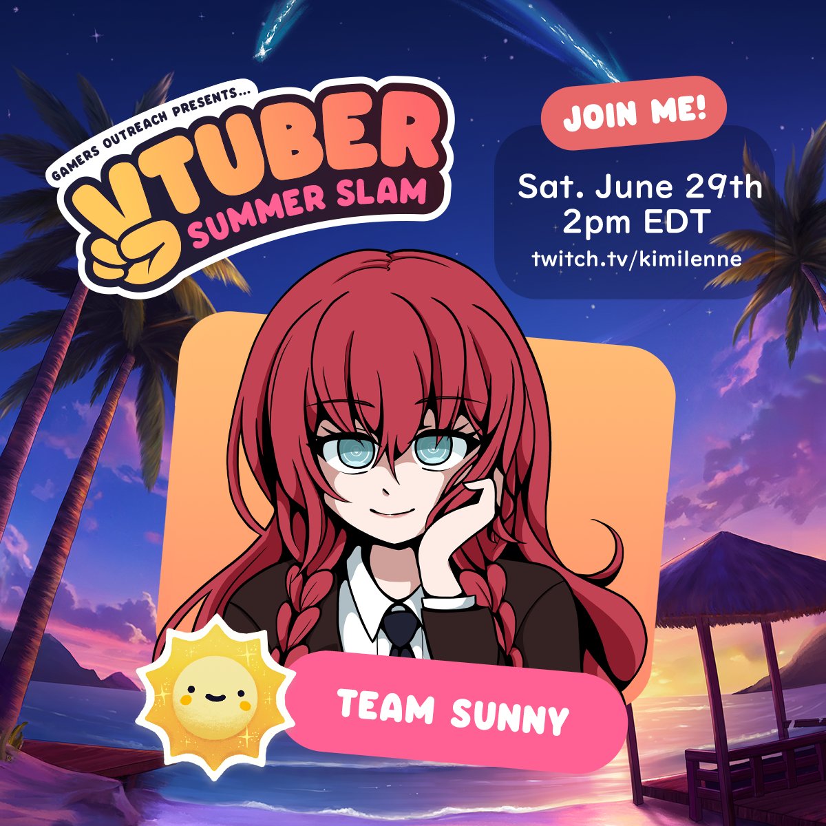 ✨STREAM ANNOUNCEMENT🔥

I've been invited to participate in @GamersOutreach Vtuber Summer Slam 2024!

Join me on Sat, June 29th - 2pm EDT at twitch.tv/kimilenne and let's raise money for this amazing cause!! ☀️

#VTuberSS2024 #ENVtuber #VtuberUprising