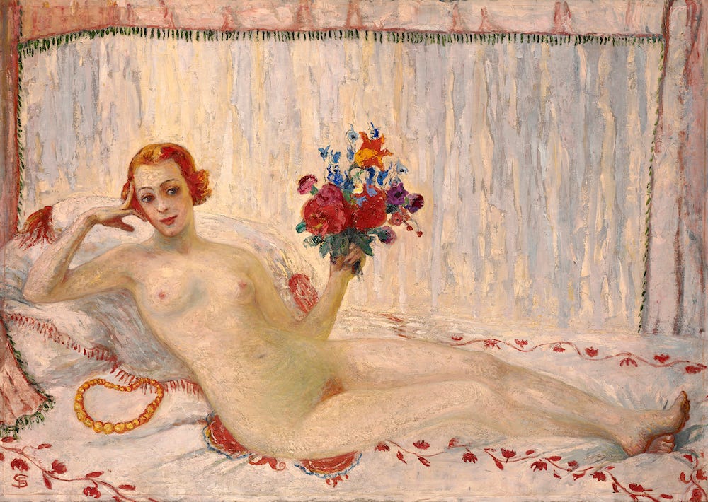 AUTORITRATTO
Florine Stettheimer aveva, quando si dipinse senza imbarazzi e totalmente nuda, 44 anni.

Si misura con freschezza e con una certa ironia con l'Olympia di Manet. 

E si regge da sola il mazzo di fiori, totalmente indipendente

Una modella (autoritratto nudo)
1915