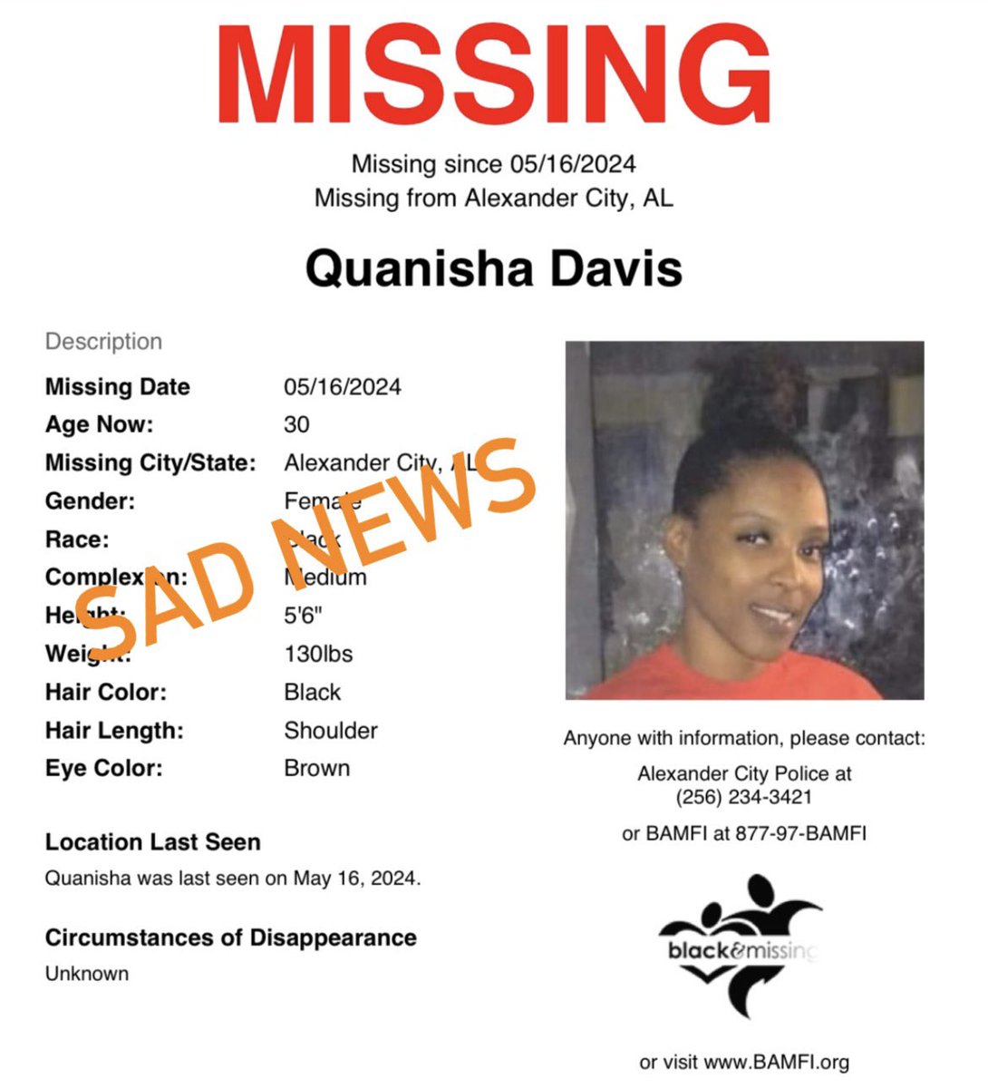 Breaking News Body Of 30YearOld Quanisha Davis Found In Dadeville