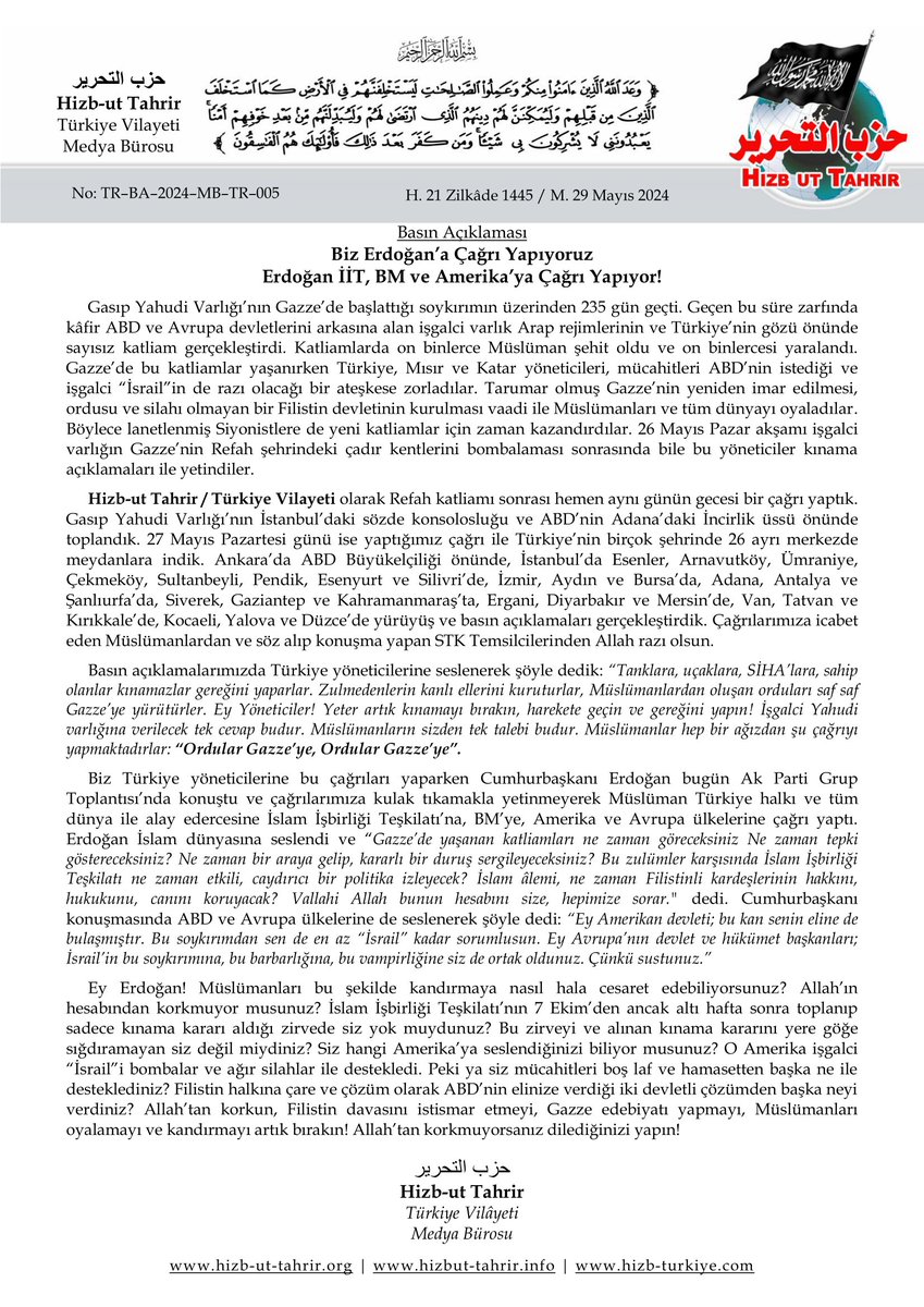 Basın Açıklaması

Biz Erdoğan’a Çağrı Yapıyoruz
Erdoğan İİT, BM ve Amerika’ya Çağrı Yapıyor!

#HizbutTahrir
#Türkiye Vilâyeti
Medya Bürosu

hizb-uttahrir.info/tr/index.php/b…