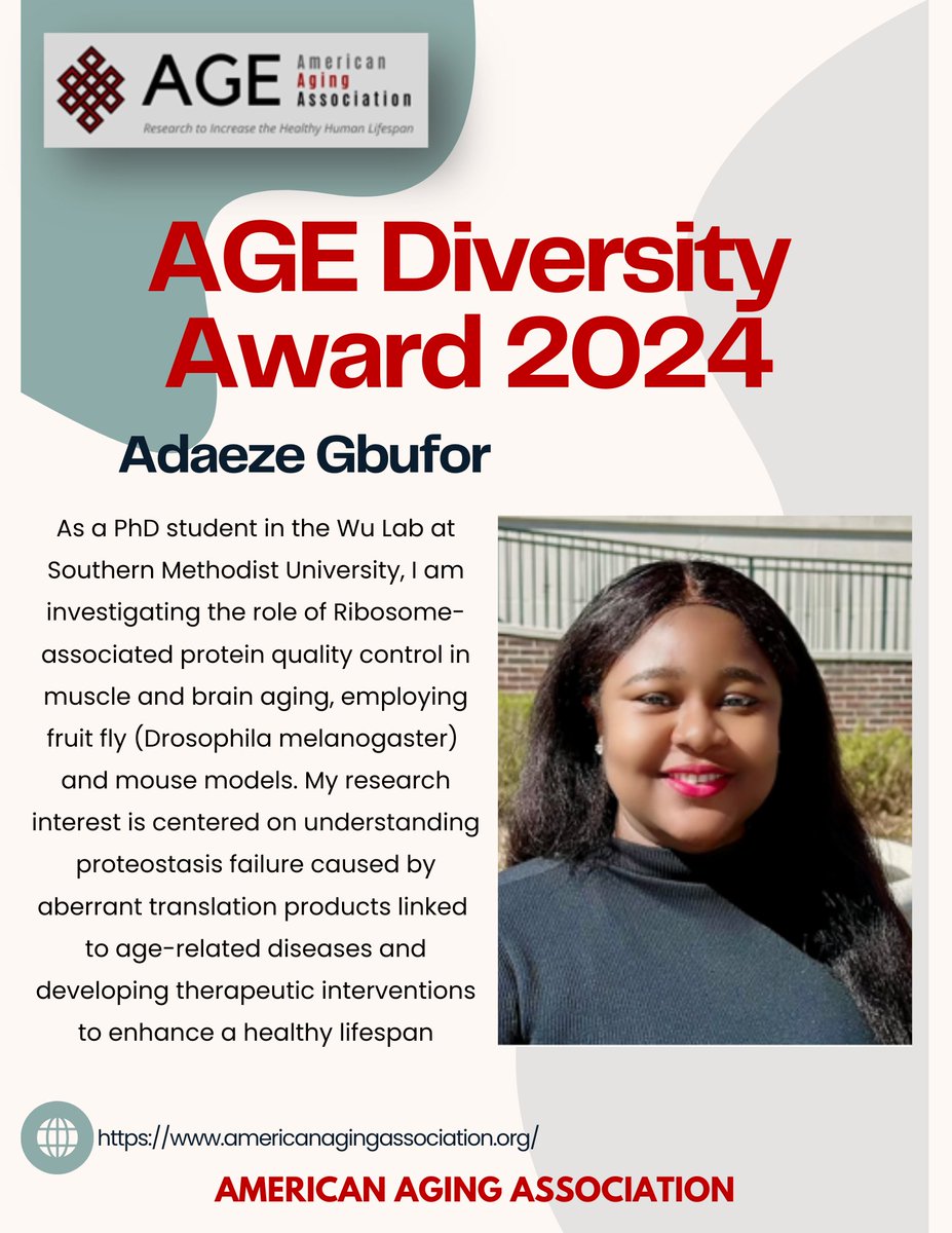 Introducing @AdaezeGbufor as one of our 2024 AGE Diversity Award winners! Adaeze is a PhD student at @SMU and studies protein quality control in the aging brain and muscle. Congrats, Adaeze! #AGEDiversity #AGETC #AGE2024 #WomeninSTEM