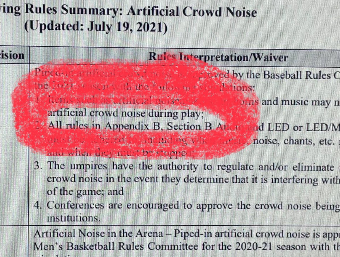 Soooo, according to this rule, @NCAABaseball , devices may not play artificial crowd noises...a megaphone does NOT play artificial crowd sounds.  It is the actual voices of the person using the megaphone.  Sooooo...what's the problem?  @ECUJungle