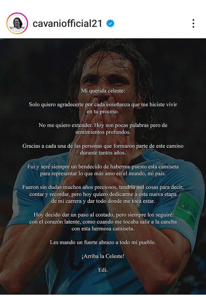 #ATENCIÓN , Último Momento, <a href="/ECavaniOfficial/">Edi Cavani Official</a> a través de su cuenta de Instagram, le dice adiós a la Selección. Una lastima que un jugador como el, en un momento espectacular se baje antes de la Copa América. Qué está pasando en el mundo de <a href="/Uruguay/">Selección Uruguaya</a> ?