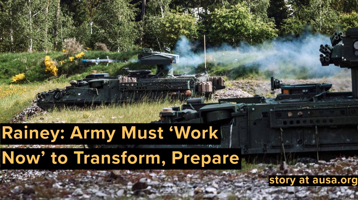 AUSAorg's tweet image. Rainey: Army Must ‘Work Now’ to Transform, Prepare

Dominant Land Force Remains Critical Deterrent, Futures Command Boss Says

#ReadMore: loom.ly/AFJO8po

#USArmy @ArmyFutures  #futurescommand #prepare