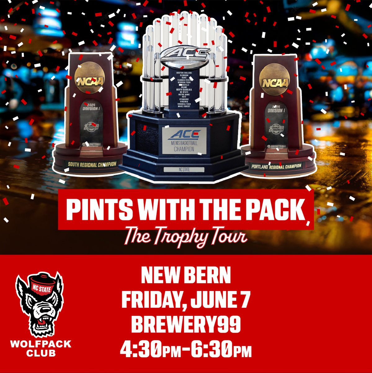We're visiting Atlantic Beach and New Bern for Pints With The Pack next week! 

🏆 - photo op with basketball trophies
🍺 - pint glass for first 50 attendees 
🎉 - celebrate the year with #WPN 

Full Schedule & RSVP: bit.ly/4bbj7jc