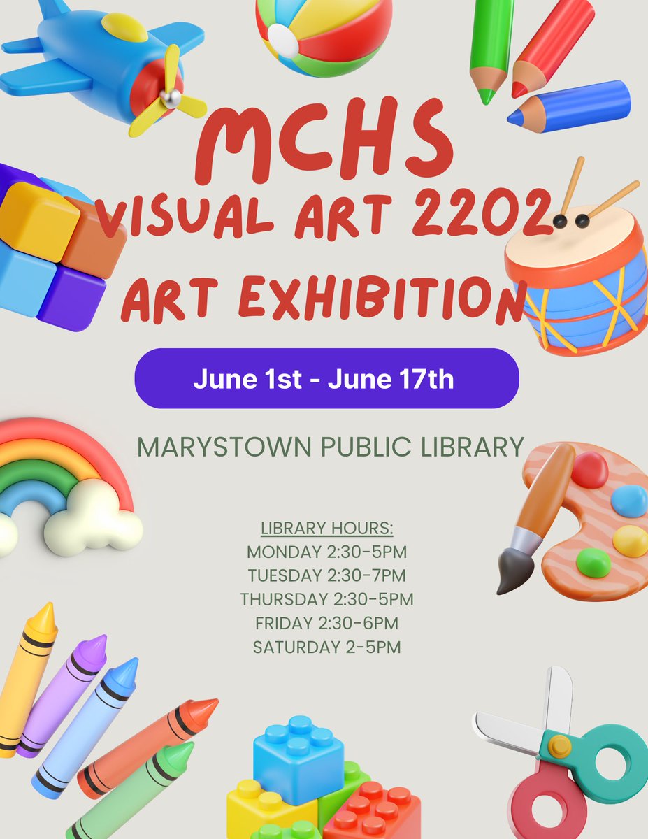 Our @mchs_nl Visual Art 2202 art show is all ready to go at the Marystown Public Library at @SHA_NL. Be sure to check out all the beautiful sculptures, paintings, and 'zines created by our talented artists! @NLPubLibraries @NLSchoolsCA
