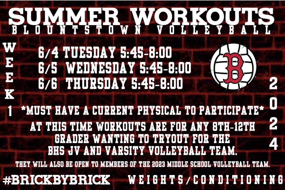 First week of summer workouts begins next week! Note the date change! We will begin on Tuesday June 4th at 5:45 in the morning! See you bright and early! #BrickByBrick