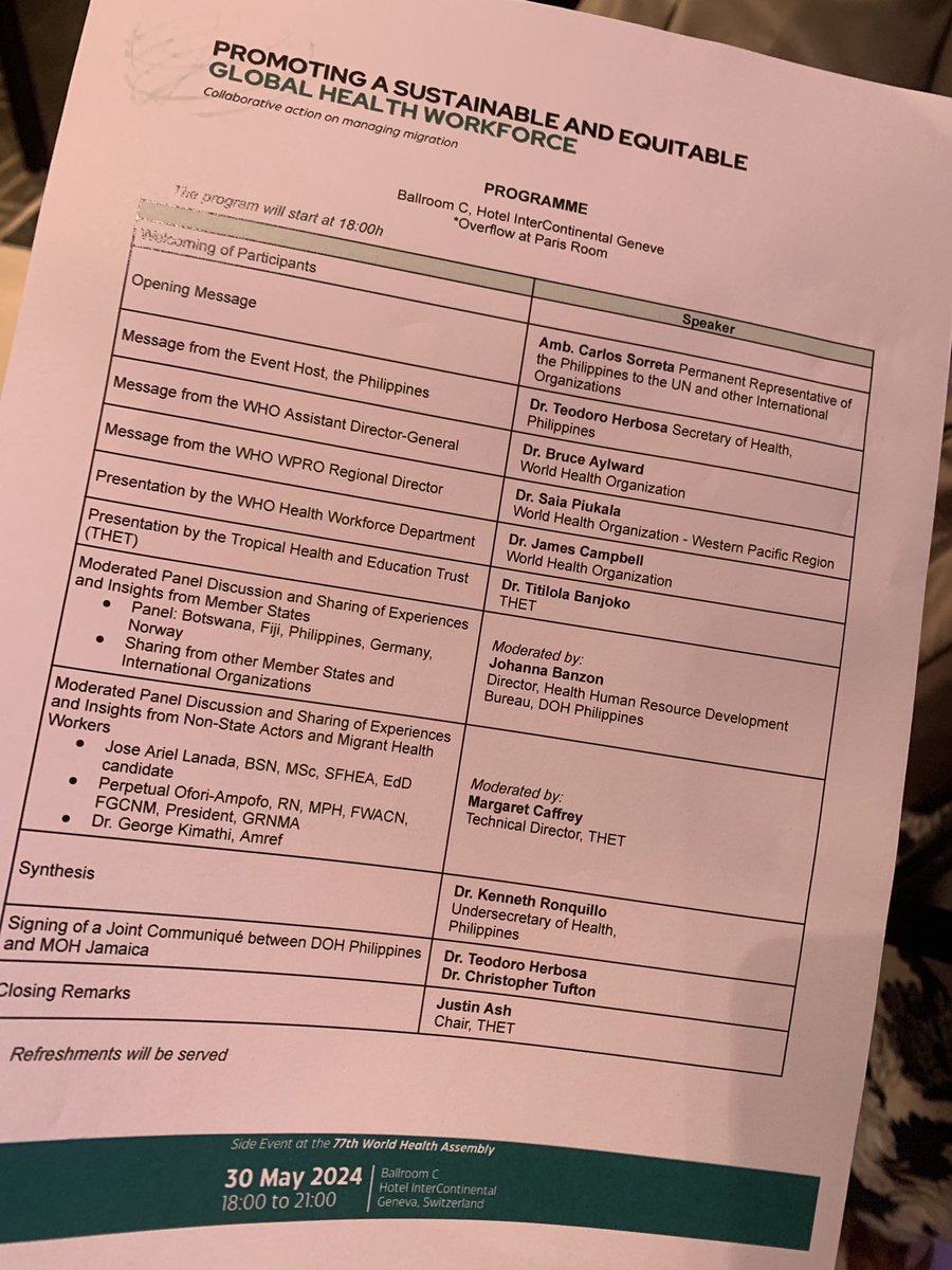 bensimms65's tweet photo. Gratitude to @JimC_HRH &amp; his team @WHO @Working4H for the leadership they bring, &amp; to Dr Bruce Aylward who is now concluding this @DOHgovph-@THETlinks side event on #healthworkforce #WHA77. https://t.co/IVhYFACdie