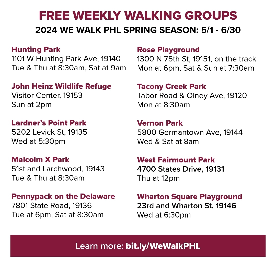 Feet First Philly (@feetfirstphilly) on Twitter photo ICYMI: <a href="/myphillypark/">Fairmount Park Conservancy</a>, <a href="/PHLPublicHealth/">Philadelphia Public Health</a>, and <a href="/PhilaParkandRec/">Philadelphia Parks & Recreation</a> are thrilled to offer 20 options to take a walk in Philly’s beautiful parks for the We Walk PHL spring 2024 season. Find a time and location that works for you! myphillypark.org/wewalk-spring-… ICYMI: <a href="/myphillypark/">Fairmount Park Conservancy</a>, <a href="/PHLPublicHealth/">Philadelphia Public Health</a>, and <a href="/PhilaParkandRec/">Philadelphia Parks & Recreation</a> are thrilled to offer 20 options to take a walk in Philly’s beautiful parks for the We Walk PHL spring 2024 season. Find a time and location that works for you! myphillypark.org/wewalk-spring-…