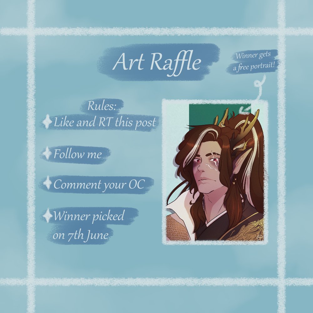 ✨⟦Art Raffle⟧✨

Thank you for 50 followers! To celebrate, here's an art raffle! So if you want art of your OC or another Character, this is your chance to win a portrait!
How to enter:
✨ Like and RT
✨ Follow me
✨ Comment your character!

 1 Winner will be randomly chosen