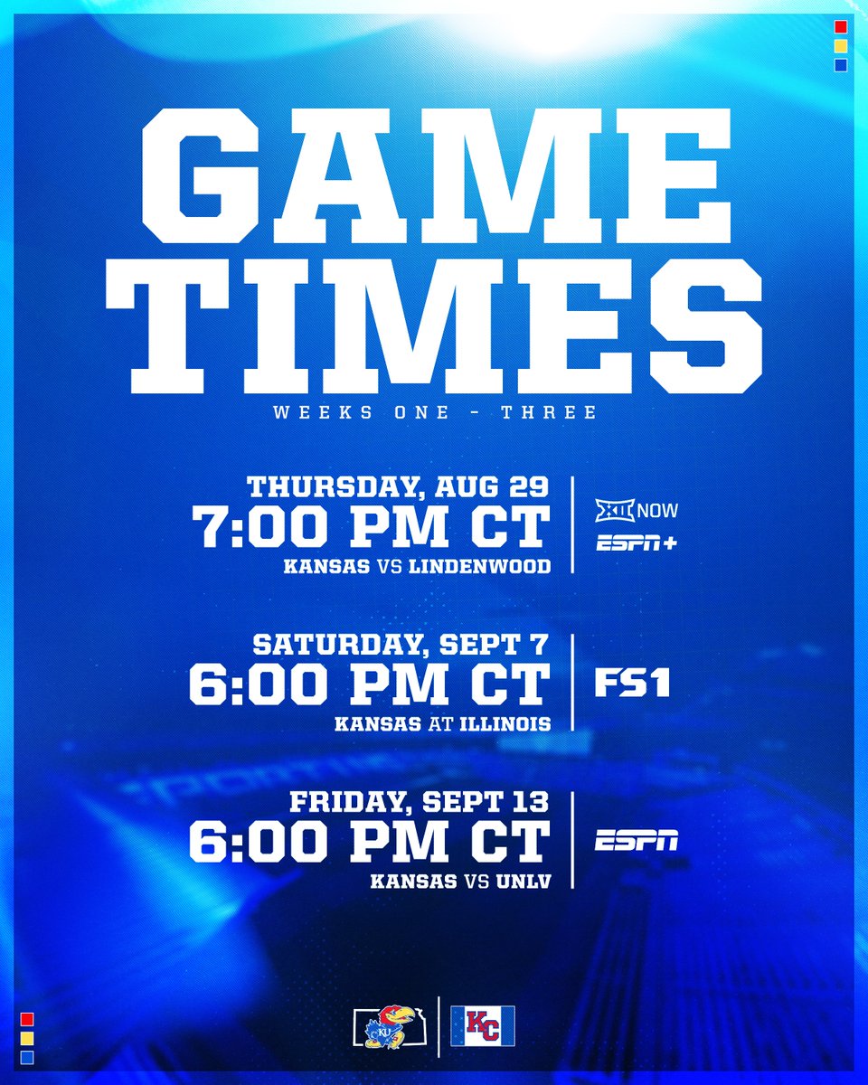 Under the lights 👀 Our non-conference game times and TV have been announced, including an ESPN primetime matchup! #RockChalk 📰 bit.ly/KUFB24NonCon