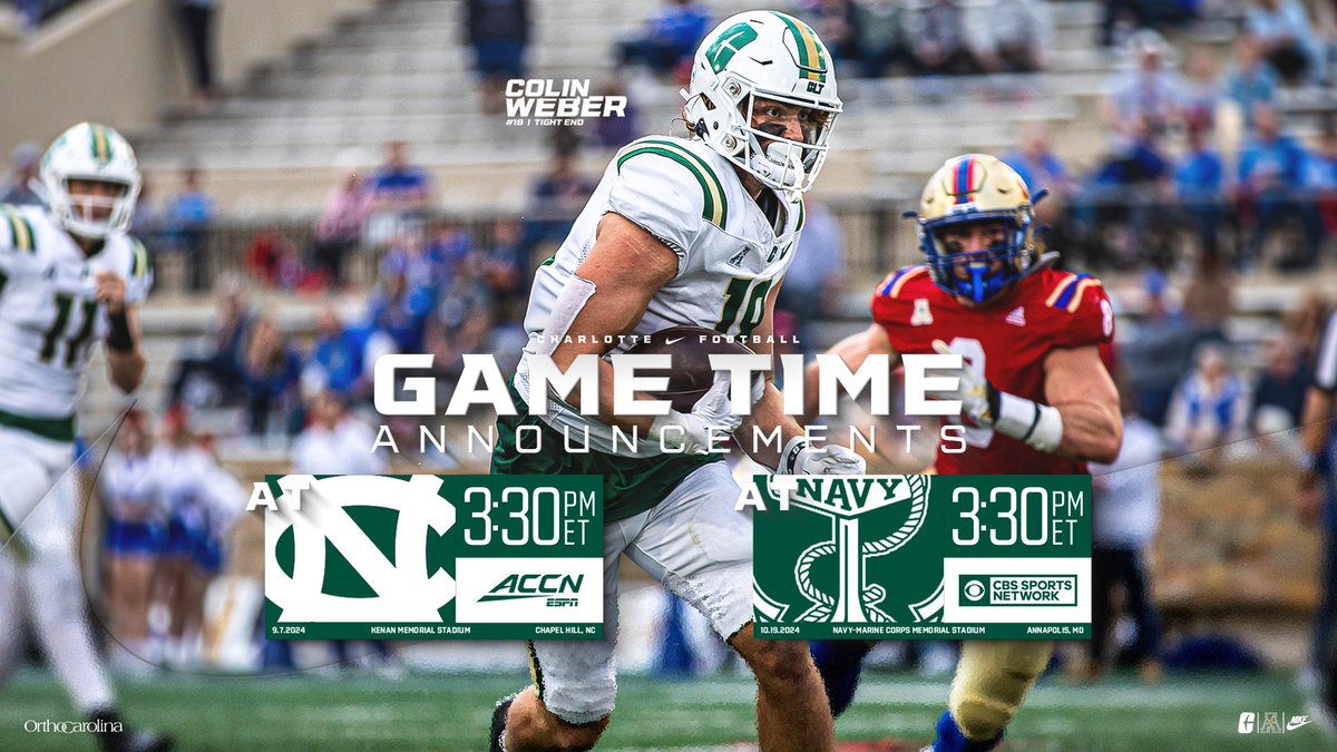 CharlotteFTBL's tweet image. 🚨5, yes 5️⃣ Game Time Announcements!

Wk 1 JMU - 8pm - @ESPNU
Wk 2 @ UNC - 3:30pm - @accnetwork 
Wk 3 Gardner-Webb - 6pm - @ESPNPlus 
Wk 8 @ Navy - 3:30pm - @CBSSportsNet 
Wk 10 Tulane - 7:30pm - @espn 

Read more 📰: clt49e.rs/4c2dTWH