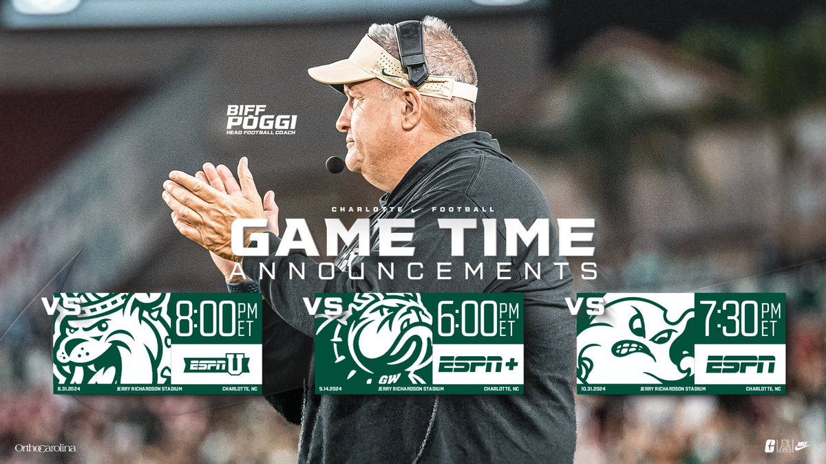 CharlotteFTBL's tweet image. 🚨5, yes 5️⃣ Game Time Announcements!

Wk 1 JMU - 8pm - @ESPNU
Wk 2 @ UNC - 3:30pm - @accnetwork 
Wk 3 Gardner-Webb - 6pm - @ESPNPlus 
Wk 8 @ Navy - 3:30pm - @CBSSportsNet 
Wk 10 Tulane - 7:30pm - @espn 

Read more 📰: clt49e.rs/4c2dTWH