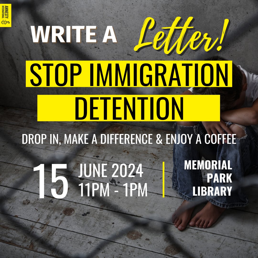 Join Amnesty Calgary on June 15, 2024 at the Memorial Park Library for a powerful morning of advocacy  

Together, let’s act in solidarity with those affected by immigration detention and bring about the needed change!

Please email: oluwanifiseoguntoye@gmail.com for  inquiries