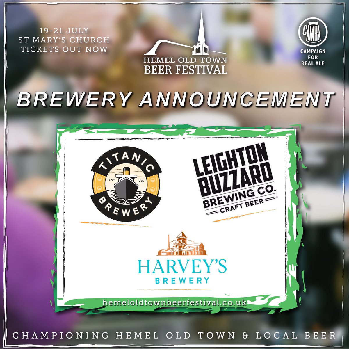 BREWERY REVEAL 🚨

With 30 beers pouring at Hemel Old Town Beer Festival, we’re unveiling yet more breweries!

From the national stage are Titanic and Harvey’s. 🤩

To complete tonight’s trio we have local faves Leighton Buzzard Brewing Co. 🍻

TICKETS ⬇️

hemeloldtownbeerfestival.co.uk