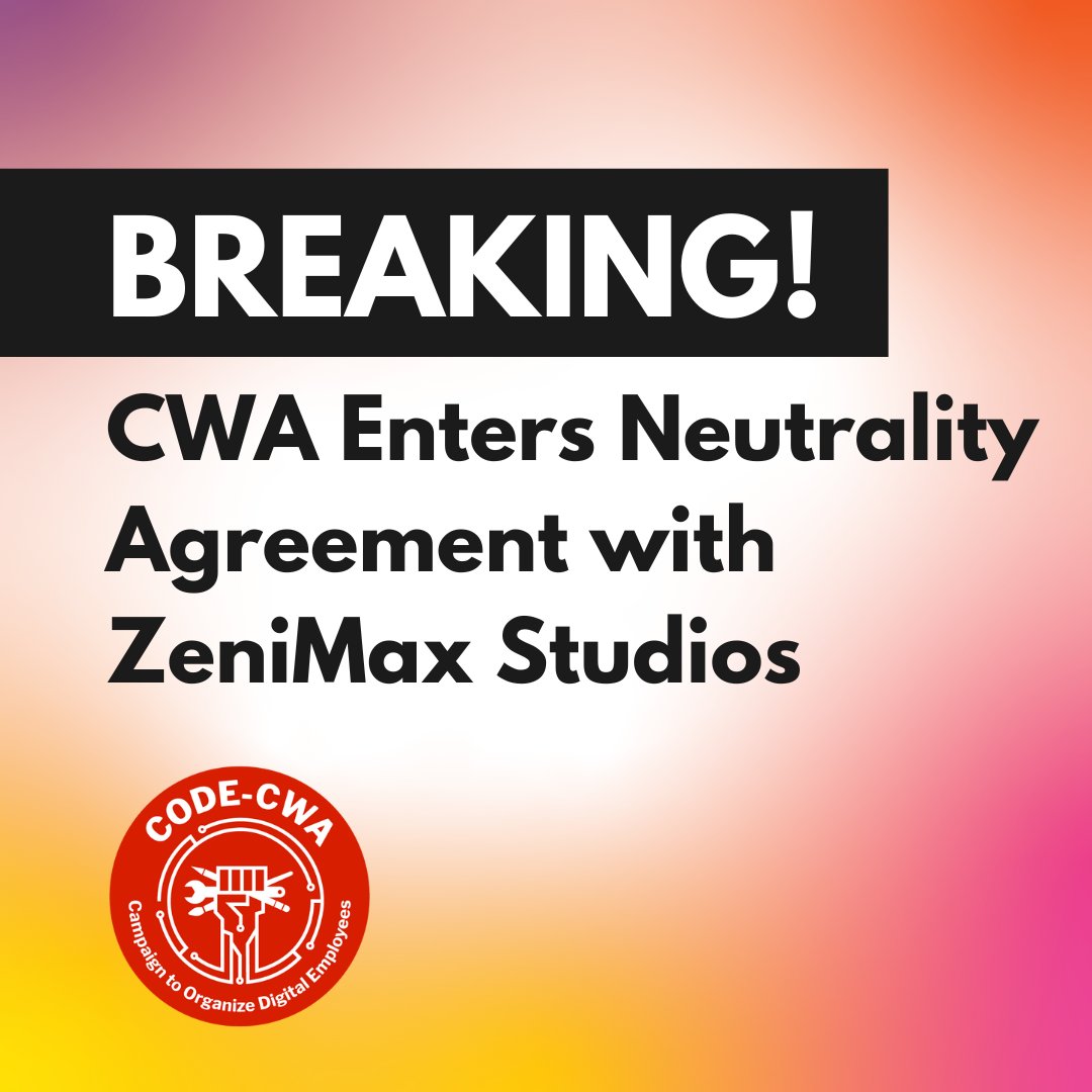 CWA and Microsoft have extended the ground-breaking labor neutrality agreement to cover workers at Microsoft subsidiary ZeniMax Media Inc, enabling all eligible ZeniMax workers to freely and fairly make a choice about union representation!