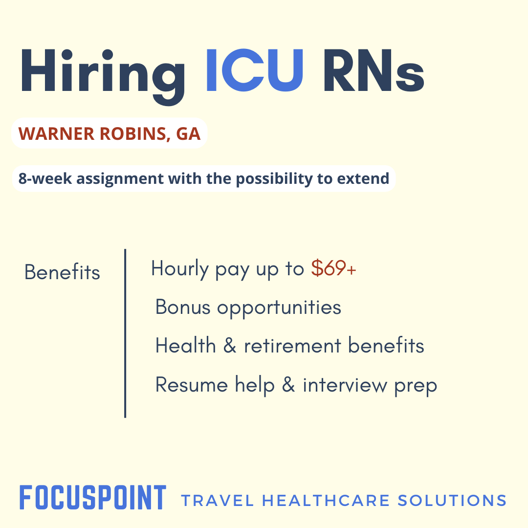 focuspoint_net's tweet photo. We are hiring ICU RNs for an 8-week assignment in Warner Robins, GA!

Apply now at https://t.co/Tvvh401k0b. Link in bio!

#NurseJobs #ICURN #HealthcareCareers #TravelNurse #NurseOpportunities #FocusPointHealthcare #WarnerRobinsGA https://t.co/fc6UgaxQ3D