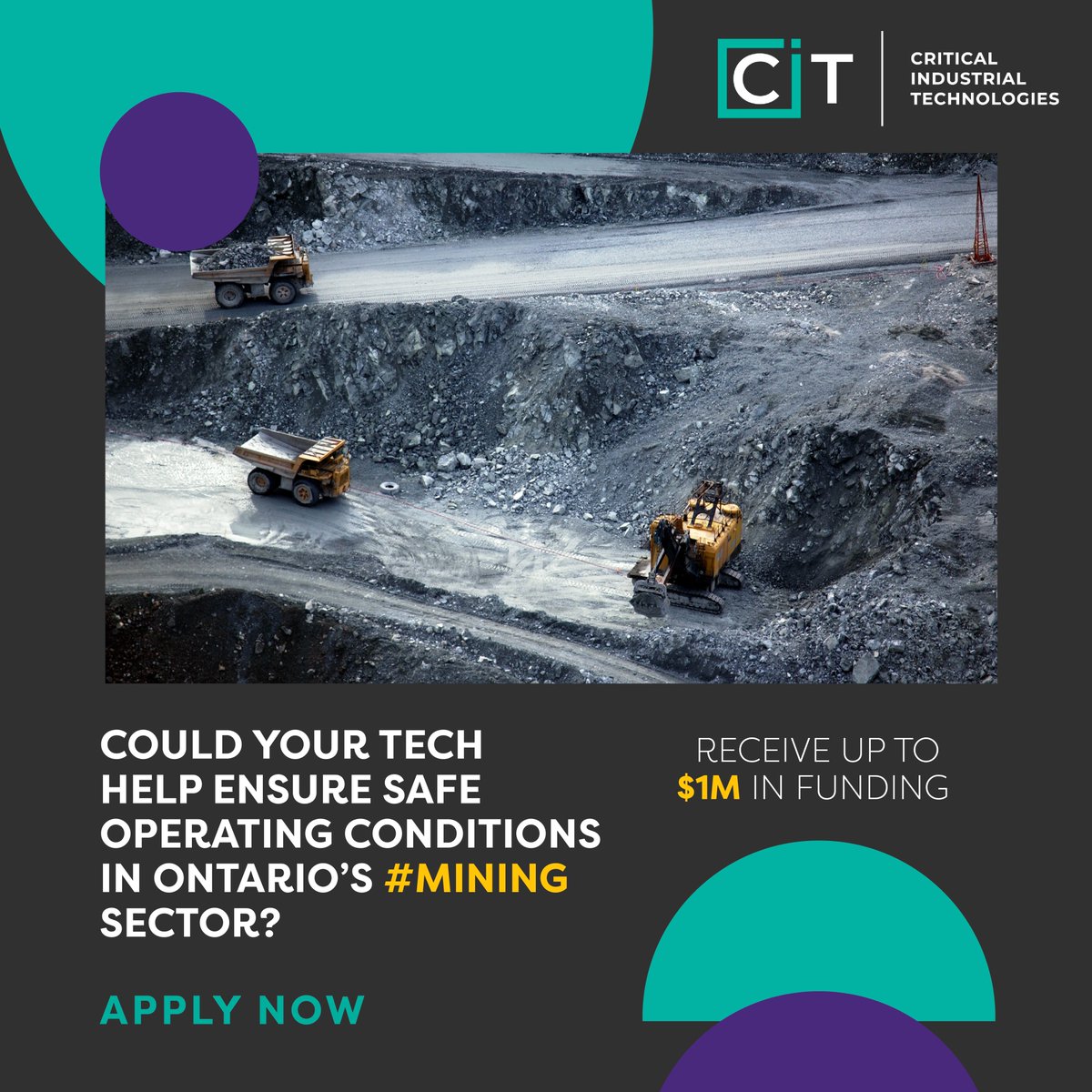 CALL FOR APPLICATIONS❗

Could your tech help ensure safe operating conditions in Ontario’s #mining sector?

Learn how you could receive up to $1M in project funding through our CIT initiative.

Deadline to apply is June 28th

Apply Now: oc-innovation.ca/programs/cit/#…

Press Release: