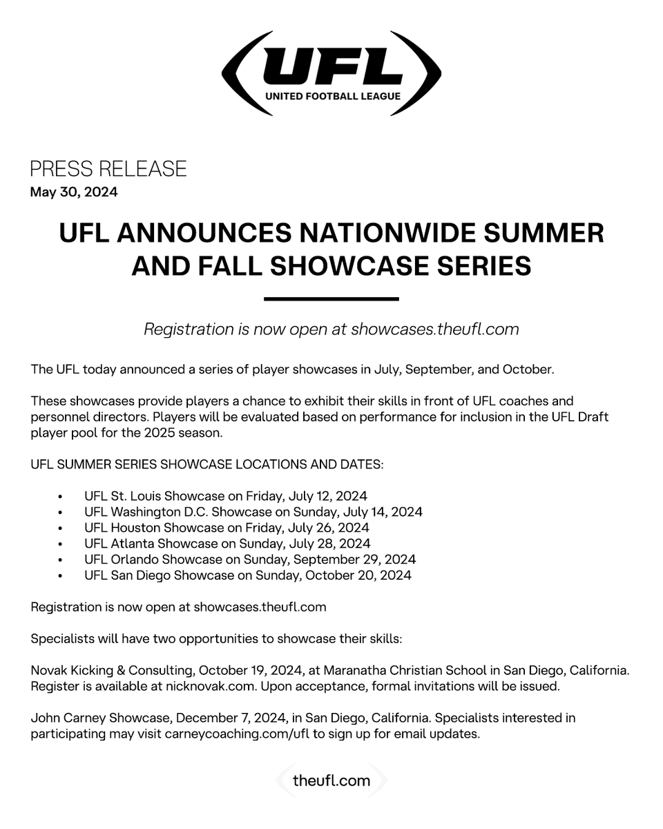 UFL_PR's tweet photo. The UFL today announced a series of player showcases in July, September, and October. https://t.co/rIBKtOu1El