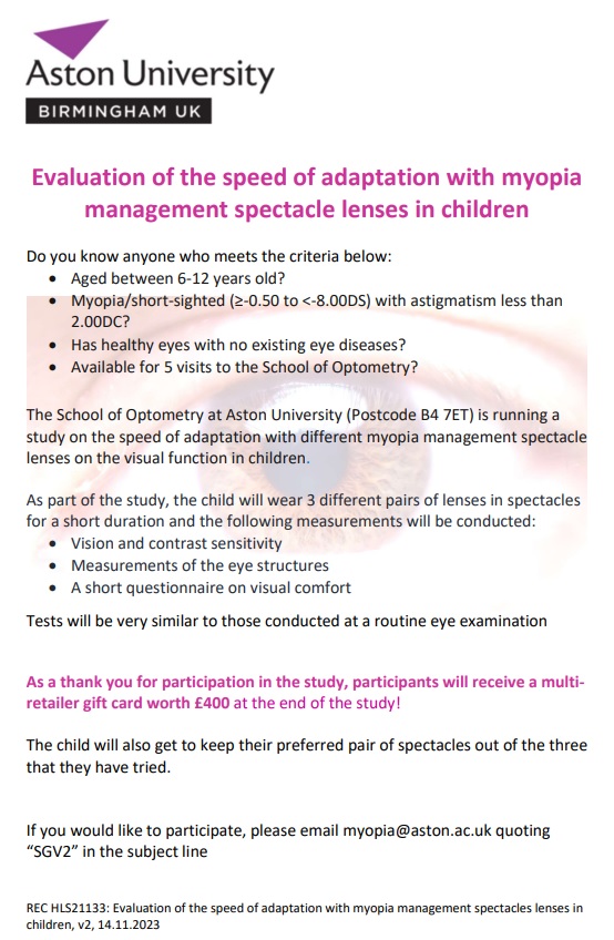 📢 We are recruiting children 6-12 years old for our #myopia study @AstonOptometry @AstonUniversity ⬇️
Participants receive a £400 gift card at the end of the study, and children can also keep their preferred spectacles!
Interested? 🤔
DM/ email 'SGV2' to myopia@aston.ac.uk