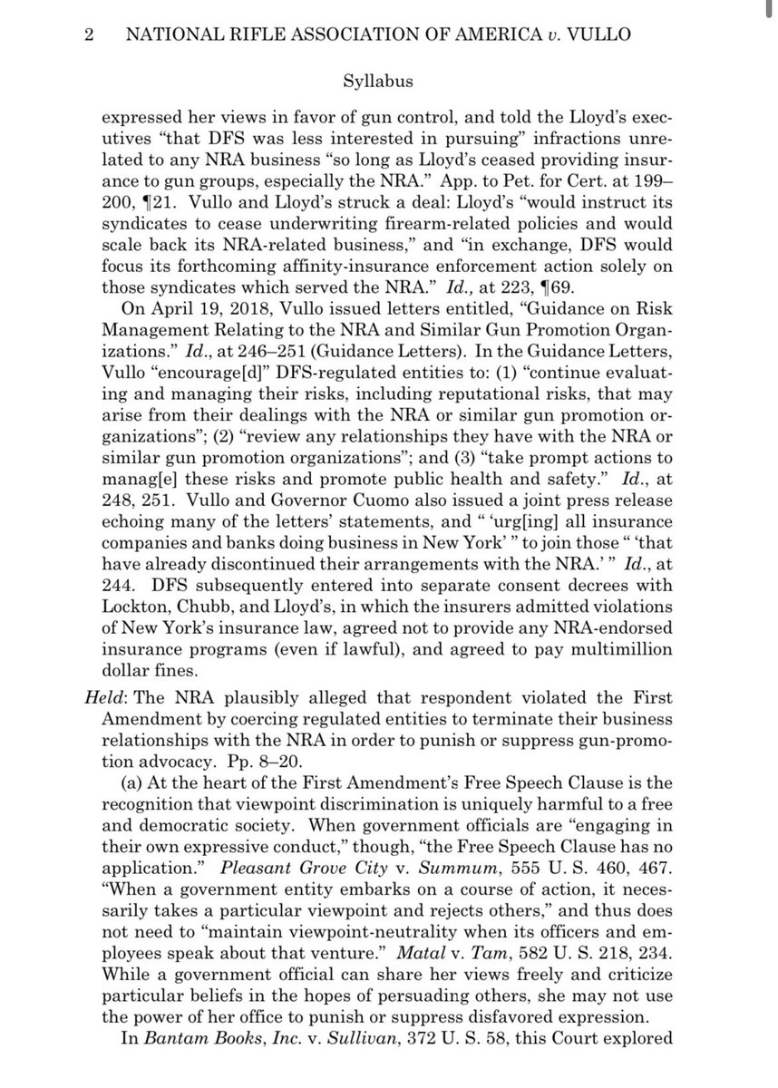 BREAKING: Supreme Court ruled today, in a unanimous decision, that NY officials violated the First Amendment by coercing insurance and banking companies to no longer do business with the NRA as punishment for the group’s gun views.