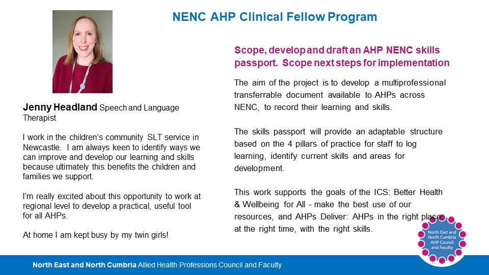 NENC AHPs (@nencahps) on Twitter photo Introducing Jenny
Jenny is leading on a project to develop a skills passport for use by AHPs across the system to support shared learning, flexibility across our Trusts and Local Authorities.
<a href="/samanthallen/">Sam Allen 💙</a> <a href="/MQuinn2020/">Dr Maria Avantaggiato-Quinn</a> <a href="/NENC_NHS/">North East and North Cumbria NHS</a> <a href="/AHP_NENCY/">AHP North Cumbria, North East and Yorkshire💙</a> <a href="/BeverleyHarden/">Beverley Harden FCSP</a> <a href="/Boost_NENC/">Boost Learning and Improvement Community</a> Introducing Jenny
Jenny is leading on a project to develop a skills passport for use by AHPs across the system to support shared learning, flexibility across our Trusts and Local Authorities.
<a href="/samanthallen/">Sam Allen 💙</a> <a href="/MQuinn2020/">Dr Maria Avantaggiato-Quinn</a> <a href="/NENC_NHS/">North East and North Cumbria NHS</a> <a href="/AHP_NENCY/">AHP North Cumbria, North East and Yorkshire💙</a> <a href="/BeverleyHarden/">Beverley Harden FCSP</a> <a href="/Boost_NENC/">Boost Learning and Improvement Community</a>