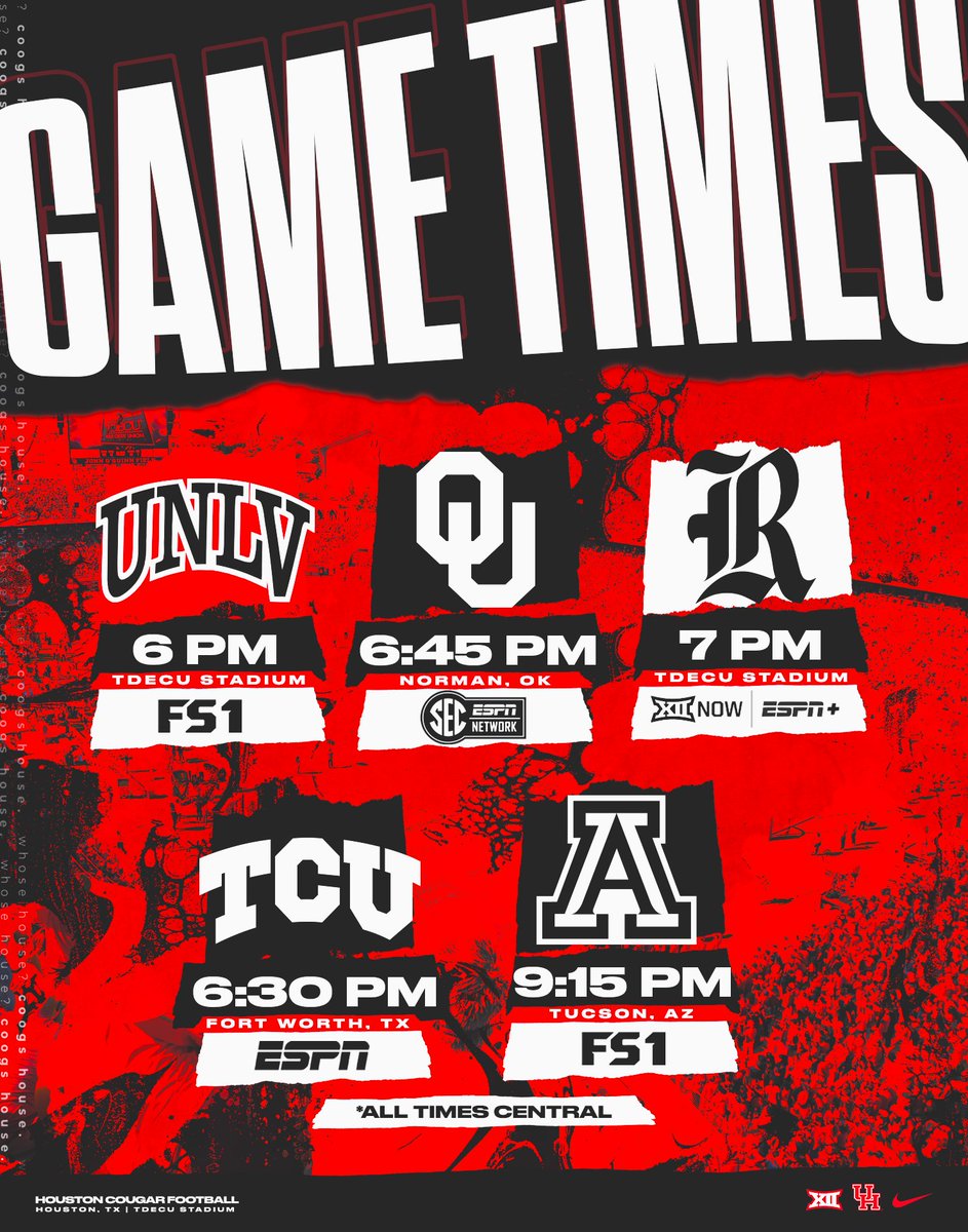 Under the lights. 🏟️

Select kick times, networks announced including 6 p.m. opener inside TDECU Stadium vs. UNLV.

➡️ bit.ly/KickTimes