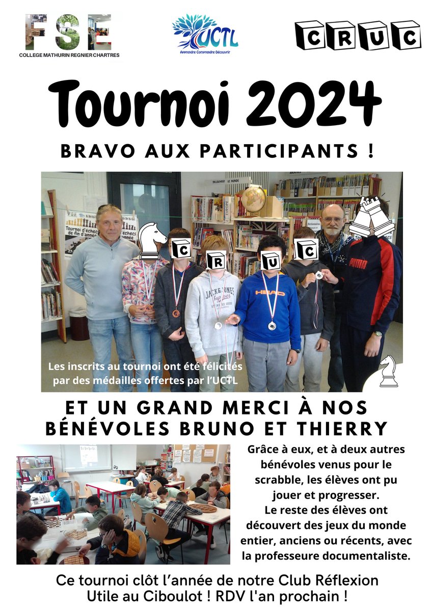 Dernier Club Jeux de stratégie de l'année !
Bravo à tous les joueurs venus cette année découvrir les dizaines de jeux proposés.
Et merci mille fois aux bénévoles de l'UCTL, qui permettent aux élèves de progresser aux échecs et au scrabble.
RDV l'année prochaine !!