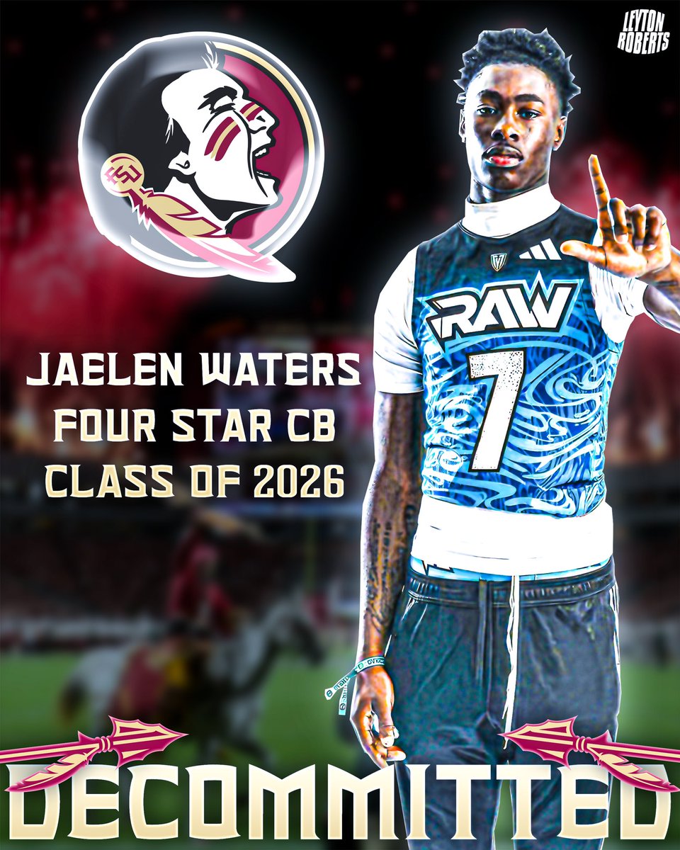 BREAKING: Four star CB Jaelen Waters (‘26) has DECOMMITTED from Florida State University, per his social media (@Waters_Jaelen)

Jaelen is a top 15 CB in his class and a top 200 player nationally. 

He committed to FSU earlier this April.

#GoNoles #NoleFamily