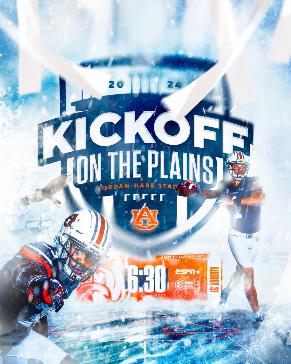 Kickoff on The Plains under the lights 🥶

🗓️ August 31
⏰ 6:30PM CT
🏟️ Jordan-Hare Stadium
📺 ESPN+ or SECN+