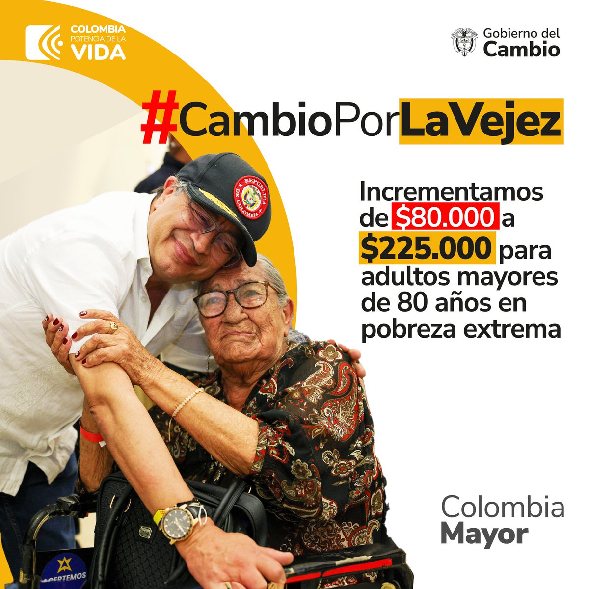 #CambioPorLaVejez | El Gobierno del presidente @petrogustavo realiza, por primera vez, un aumento significativo e histórico en Colombia Mayor, uno de los programas de mayor sensibilidad social que apoya a personas que no alcanzaron una pensión para vivir dignamente.